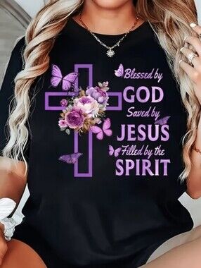 Womens Blessed by God Black Tee with Purple Cross & Butterflies